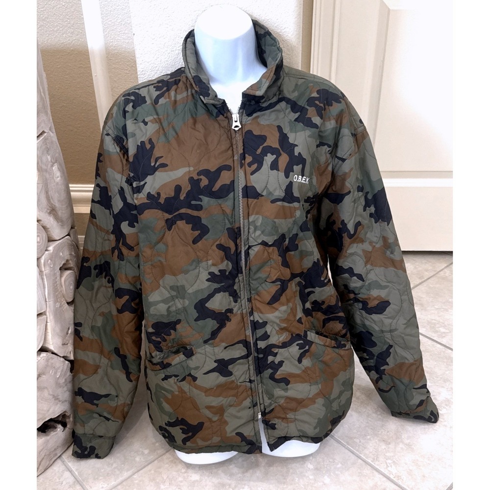 Obey Worldwide Camo Quilted Liner Jacket Full Zip Green Brown Woman L Outdoor